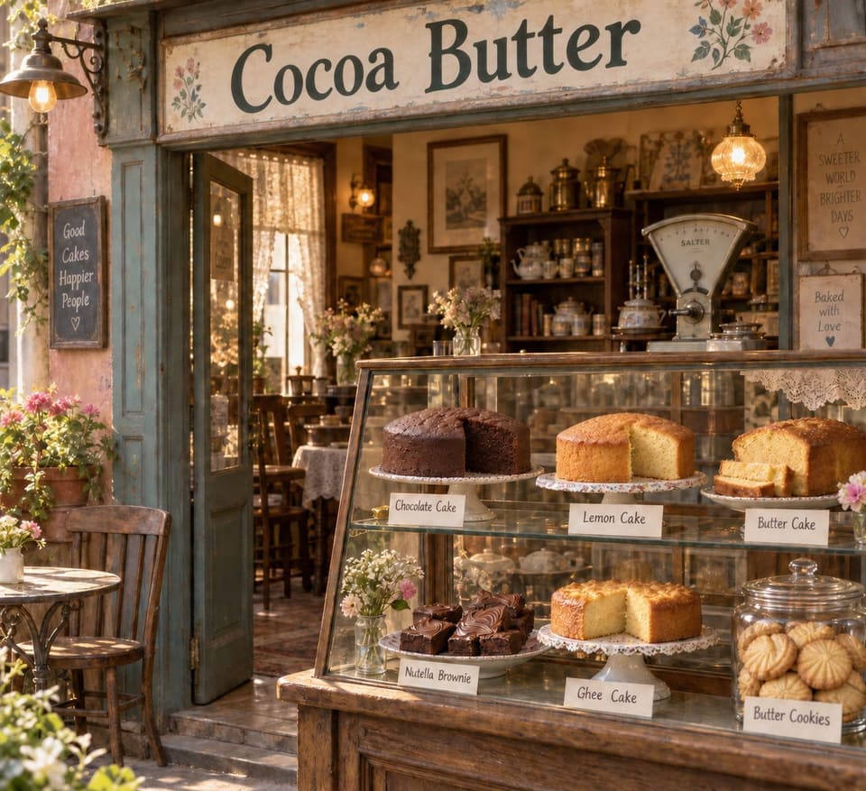 Cocoa Butter, a warmly lit vintage cake shop, with cakes and cookies in its glass display.
